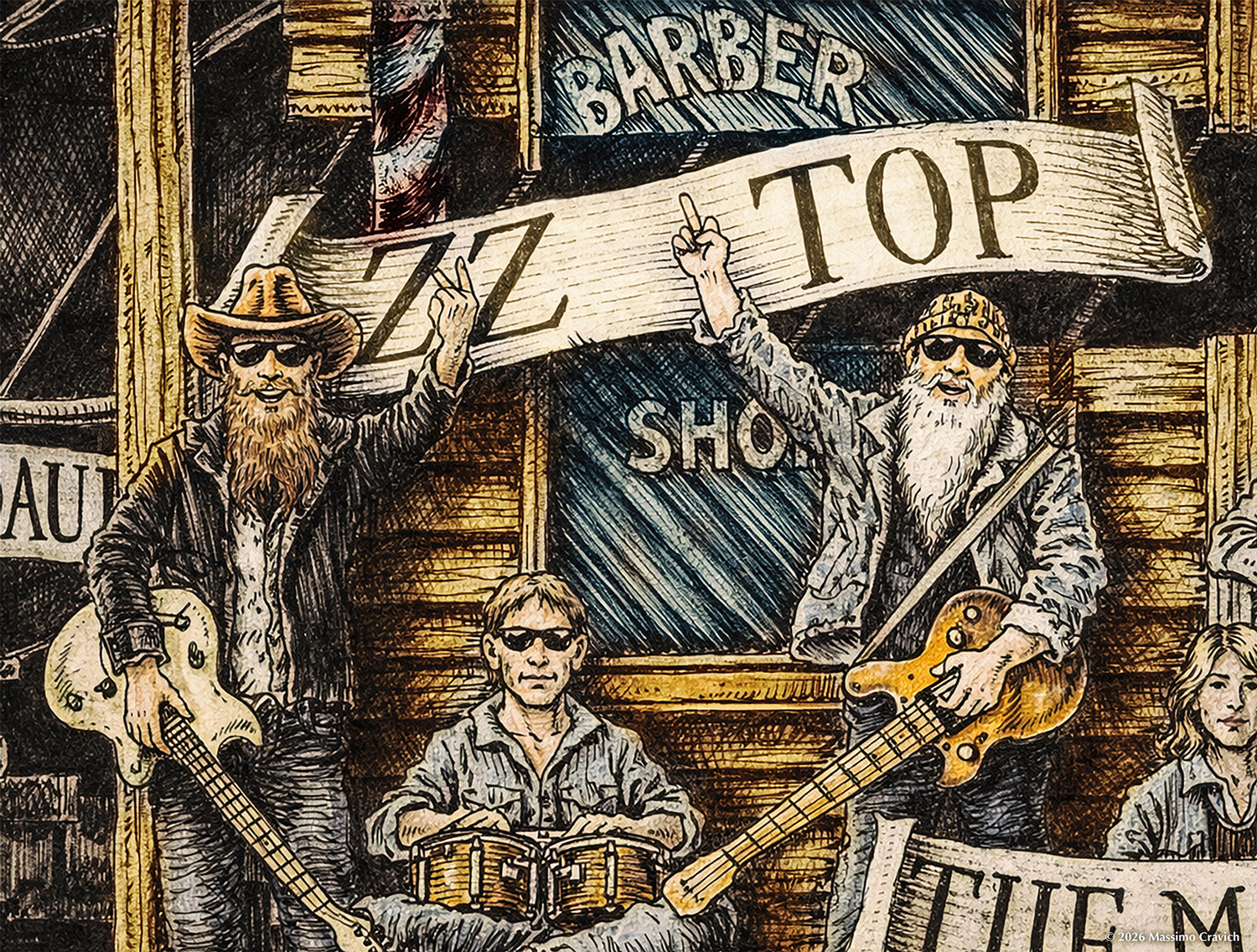 Color illustration depicting the ZZ Top from the drawing "The Great Rock and Roll History"
