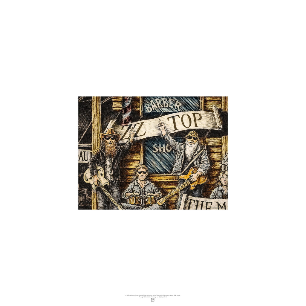 Poster depicting the ZZ Top , colored and based on the original drawing "The Great Rock and Roll History"
