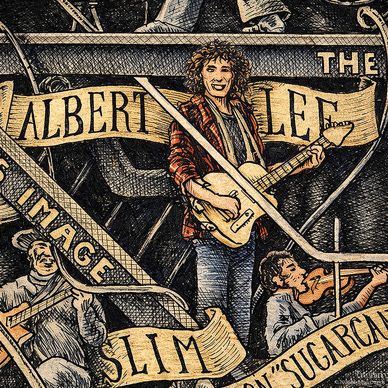 Color illustration depicting Albert Lee from the drawing "The Great Rock and Roll History"