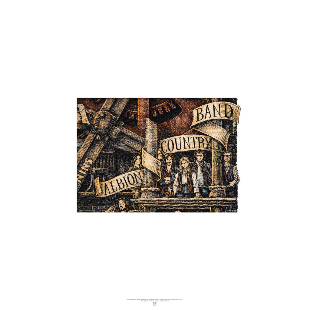 Poster depicting the Albion band, colored and based on the original drawing "The Great Rock and Roll History"