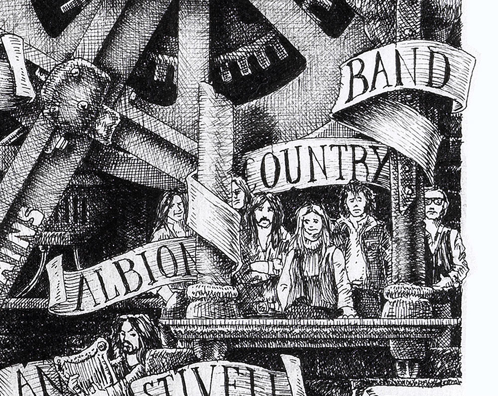 Original black and white ink drawing depicting the Albion Band from the drawing "The Great Rock and Roll History"