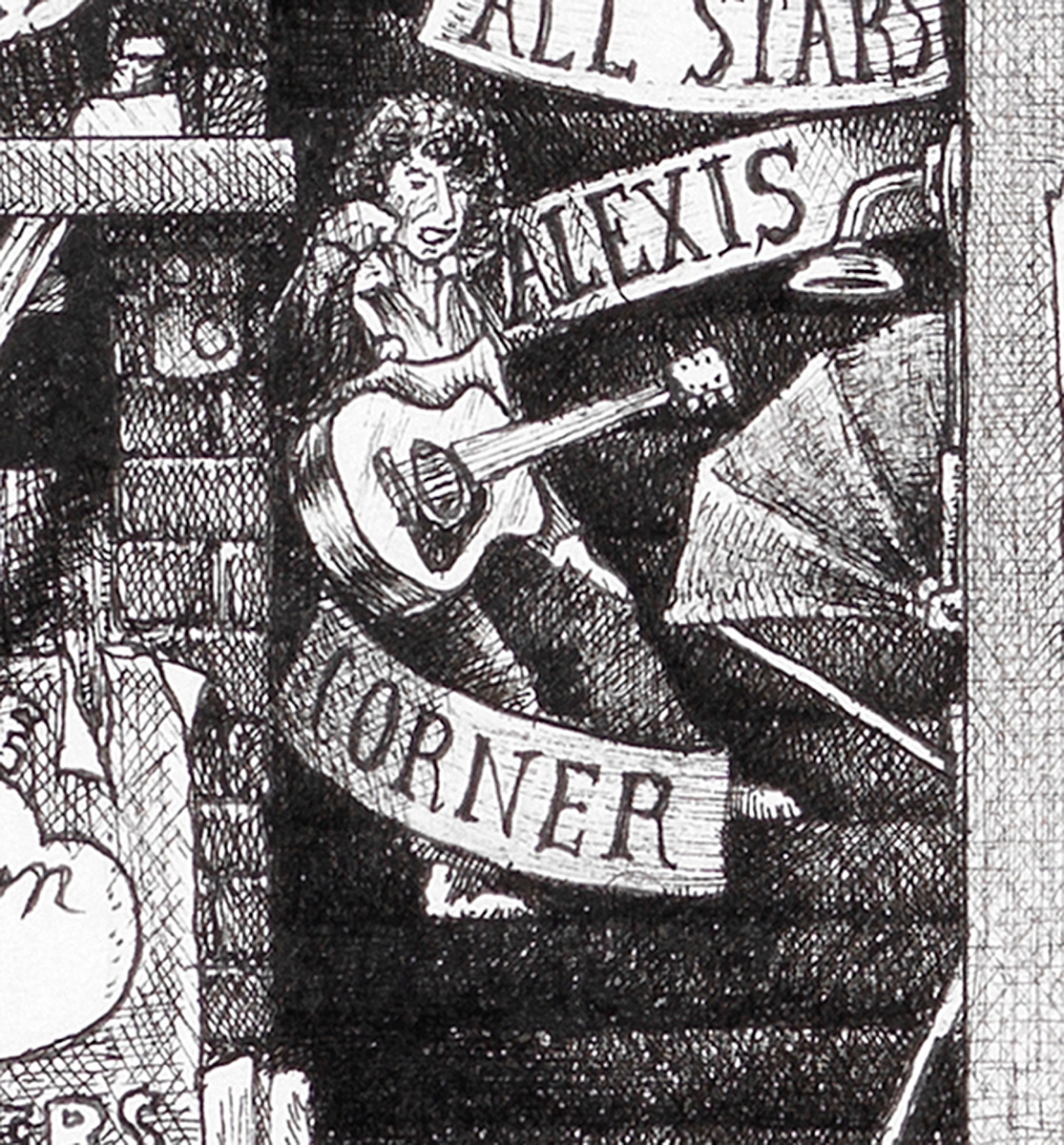 Original black and white ink drawing depicting Alexis Korner from the drawing "The Great Rock and Roll History"