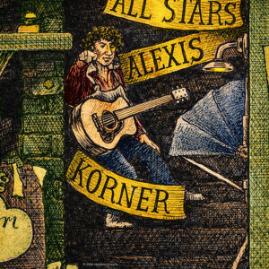 Color illustration depicting Alexis Korner from the drawing "The Great Rock and Roll History"