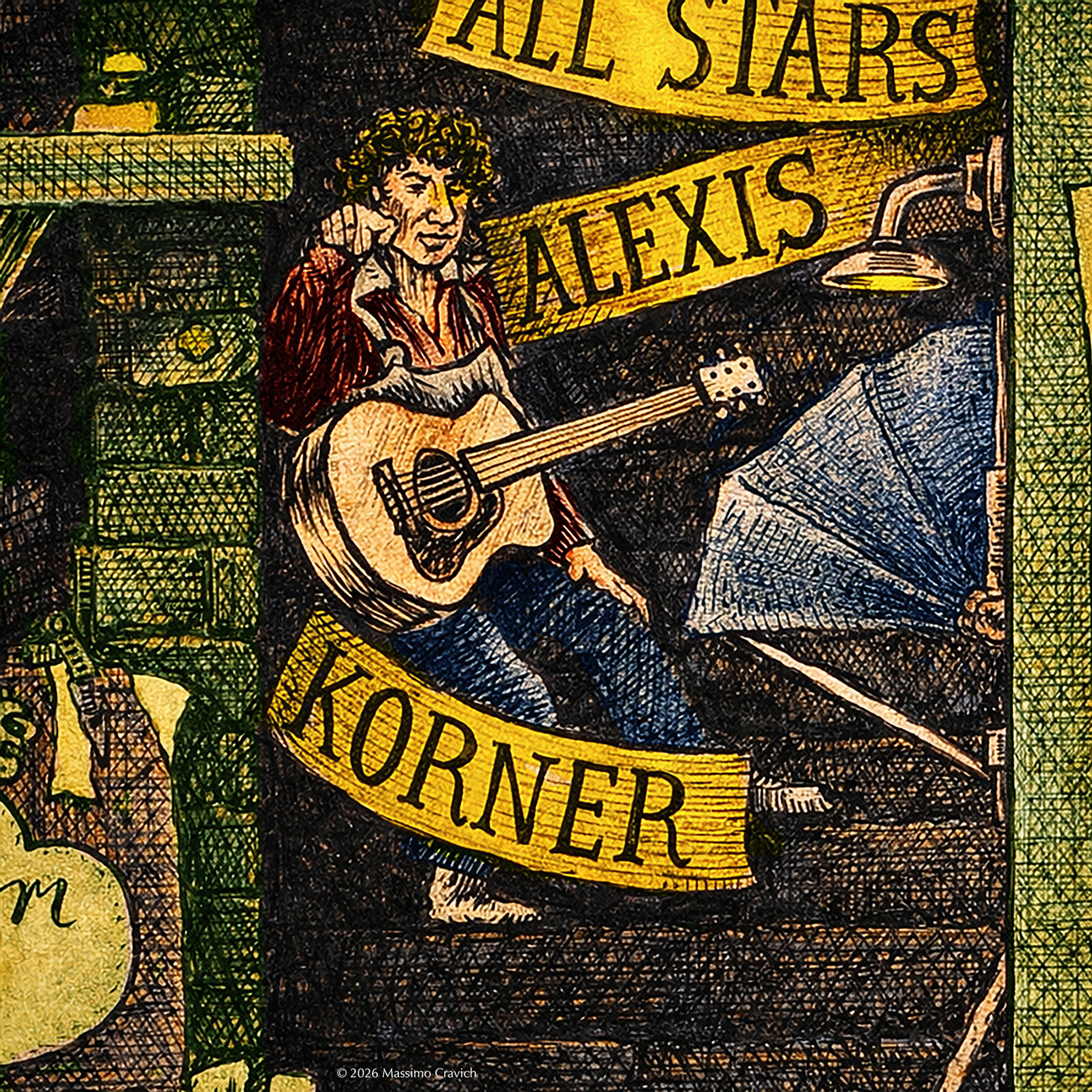 Color illustration depicting Alexis Korner from the drawing "The Great Rock and Roll History"