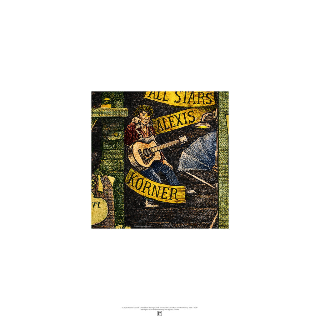 Poster depicting Alexis Korner, colored and based on the original drawing "The Great Rock and Roll History"