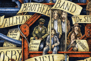 Color illustration depicting the Allman Brothers band from the drawing "The Great Rock and Roll History"