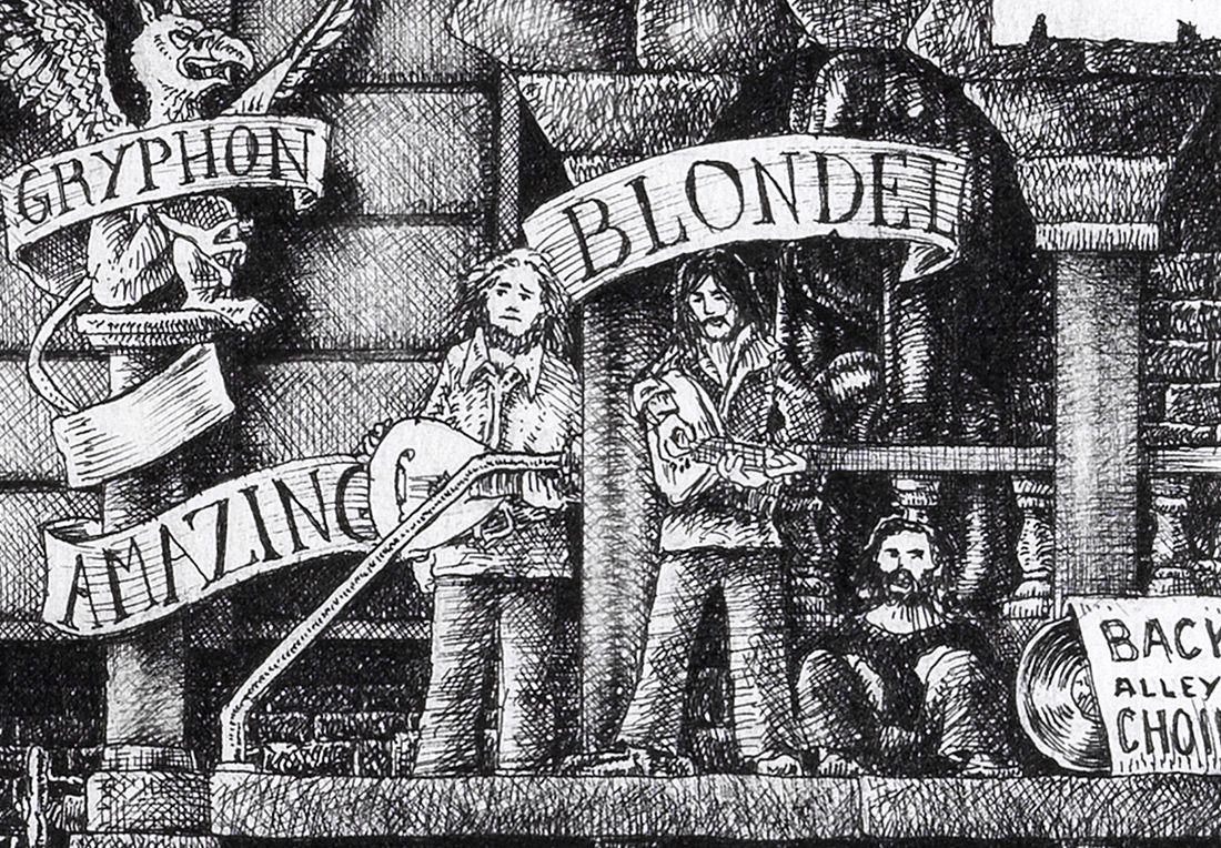Amazing-Blondel-BW Original black and white ink drawing depicting the Amazing Blondel from the drawing "The Great Rock and Roll History"