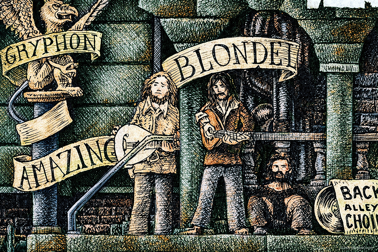 Color illustration depicting the Amazing Blondel from the drawing "The Great Rock and Roll History"