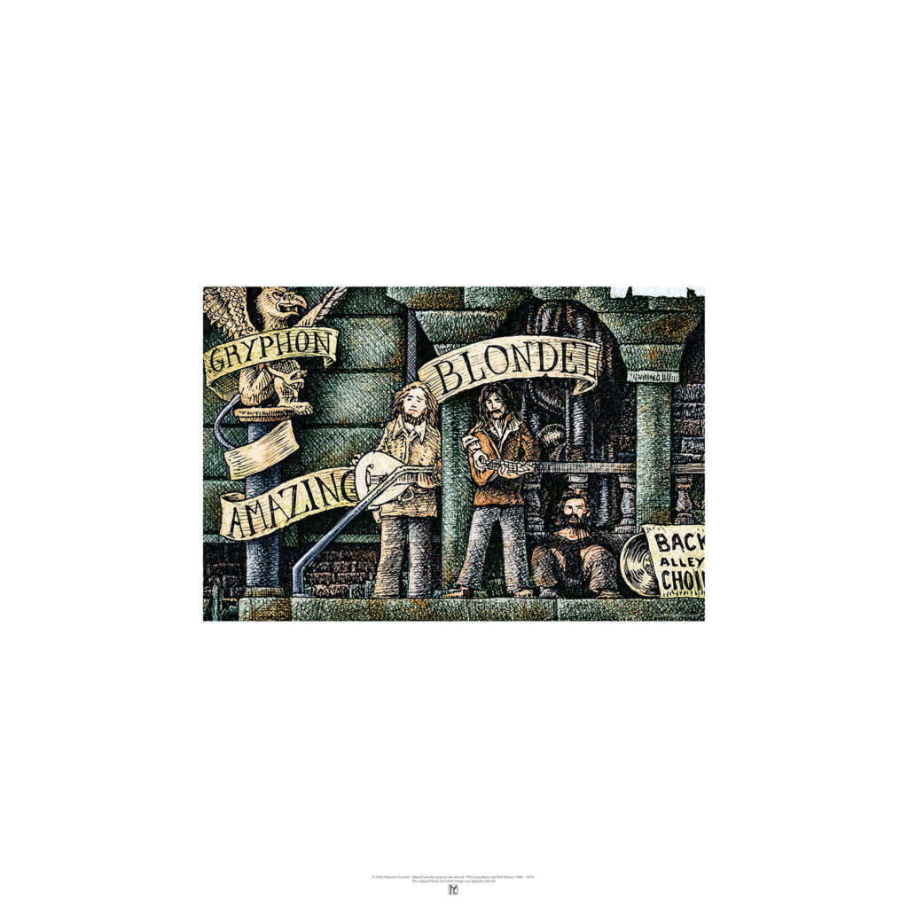 Poster depicting the Amazing Blondel, colored and based on the original drawing "The Great Rock and Roll History"