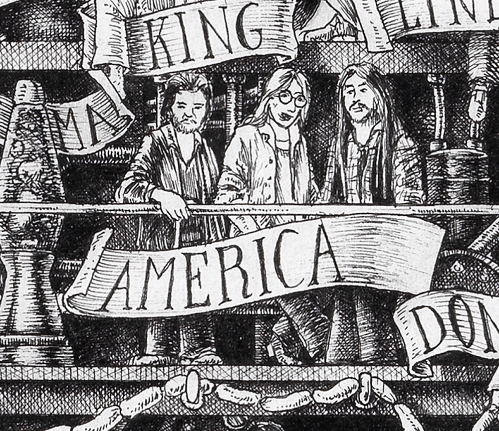 Original black and white ink drawing depicting the Rock band America from the drawing "The Great Rock and Roll History"