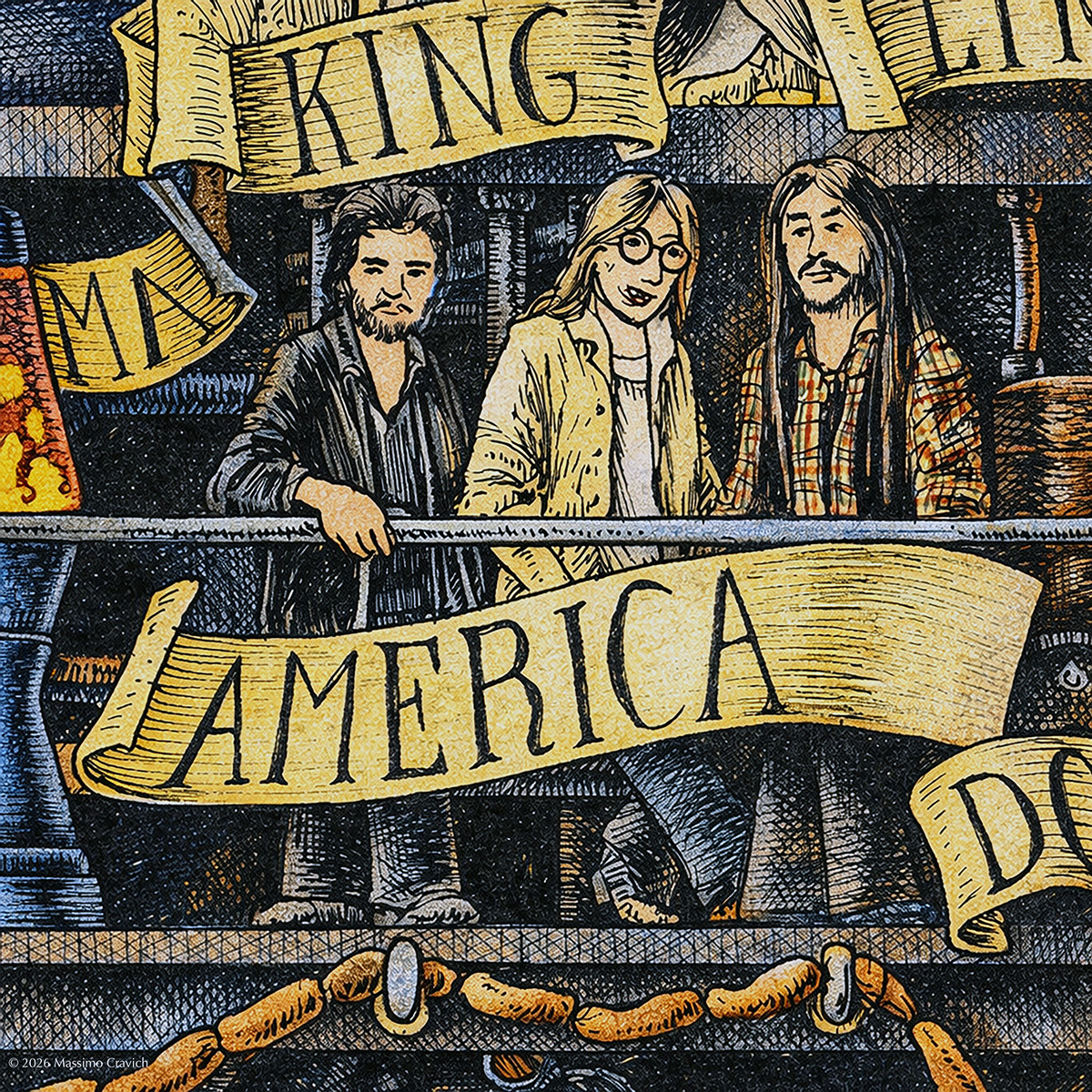 Color illustration depicting the rock band America from the drawing "The Great Rock and Roll History"