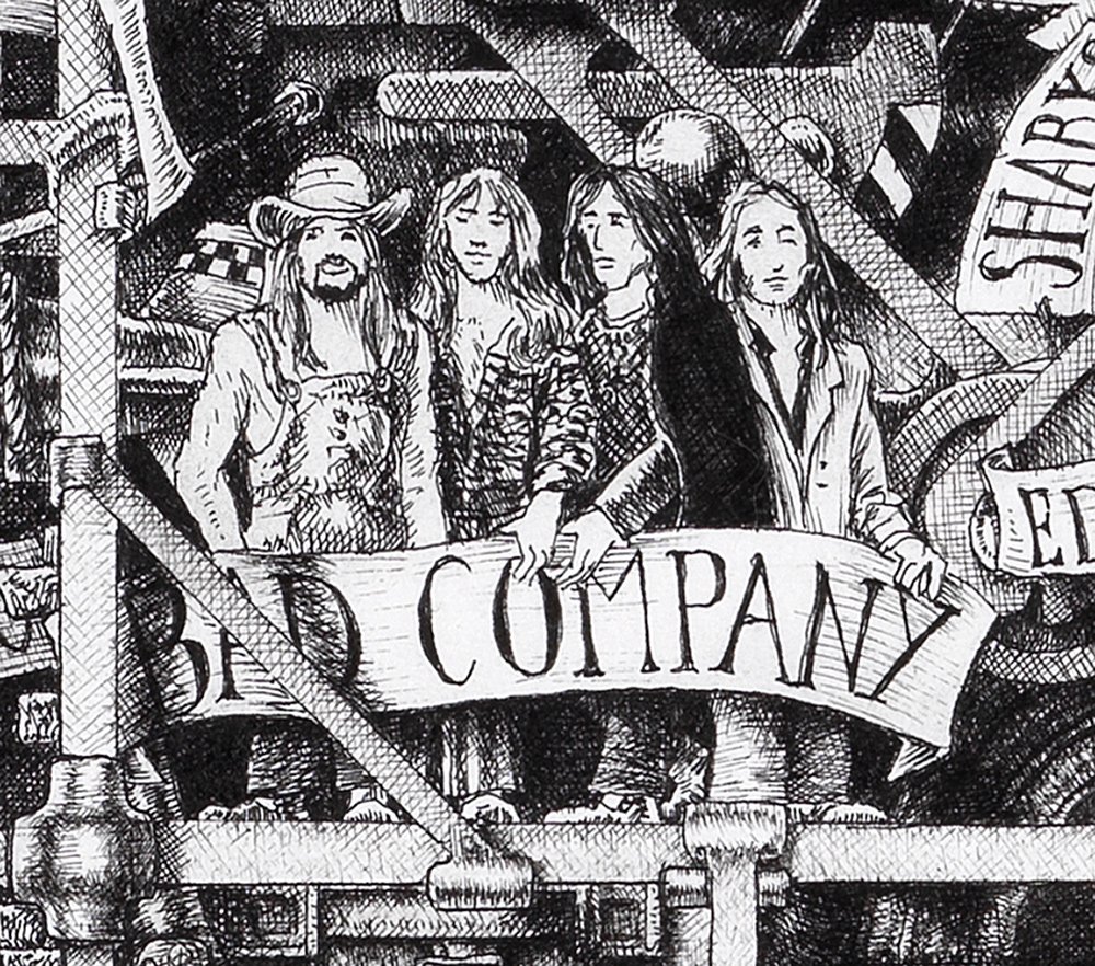 Original black and white ink drawing depicting the Rock band Bad Company from the drawing "The Great Rock and Roll History"