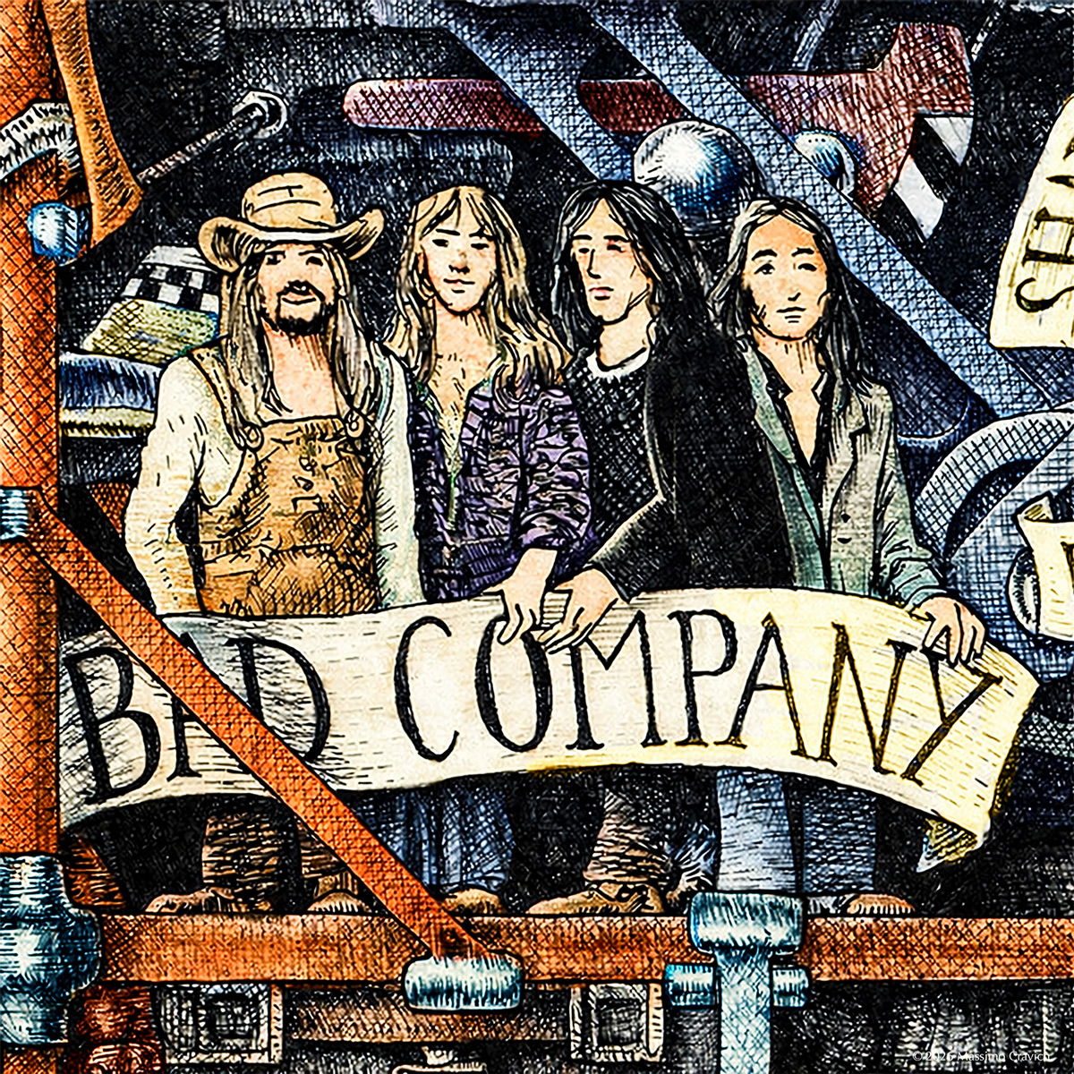 Color illustration depicting the Rock band Bad Company from the drawing "The Great Rock and Roll History"