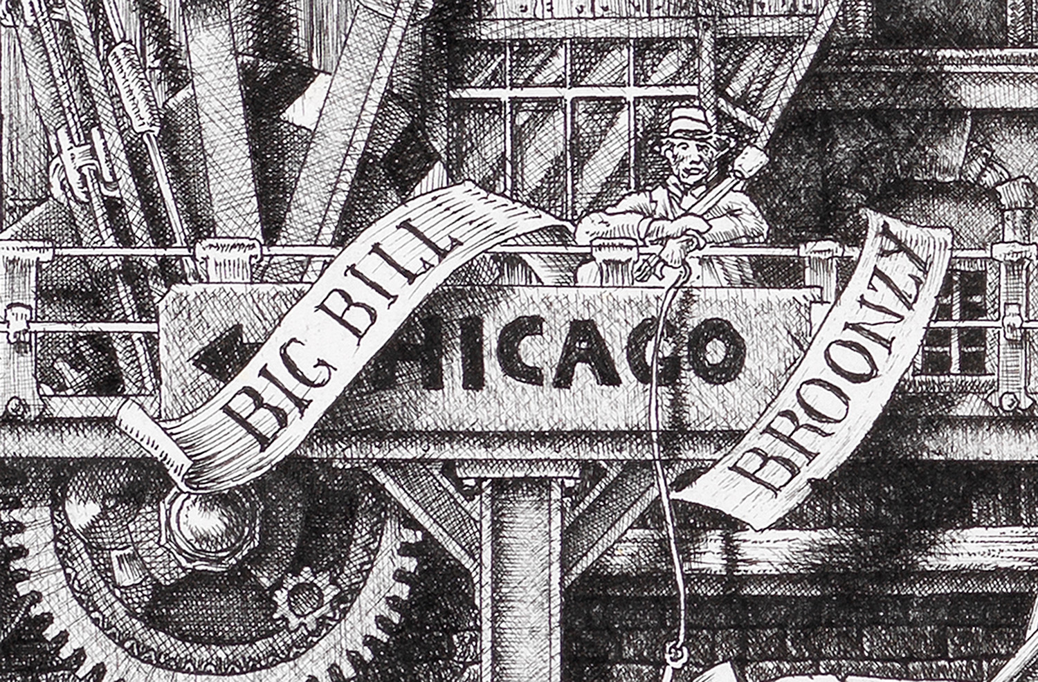 Original black and white ink drawing depicting Big Bill Broonzy from the drawing "The Great Rock and Roll History"