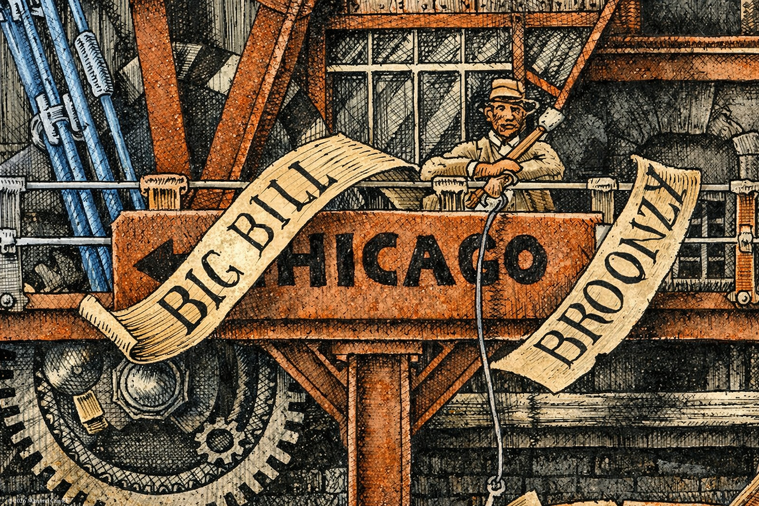 Color illustration depicting Big Bill Broonzy from the drawing "The Great Rock and Roll History"