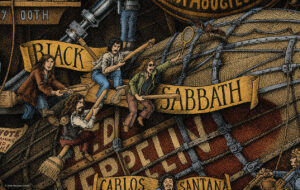 Color illustration depicting the rock band Black Sabbath from the drawing "The Great Rock and Roll History"