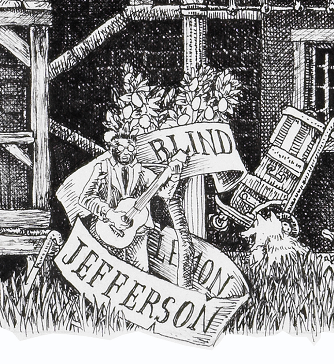 Original black and white ink drawing depicting Blind Lemon Jefferson from the drawing "The Great Rock and Roll History"
