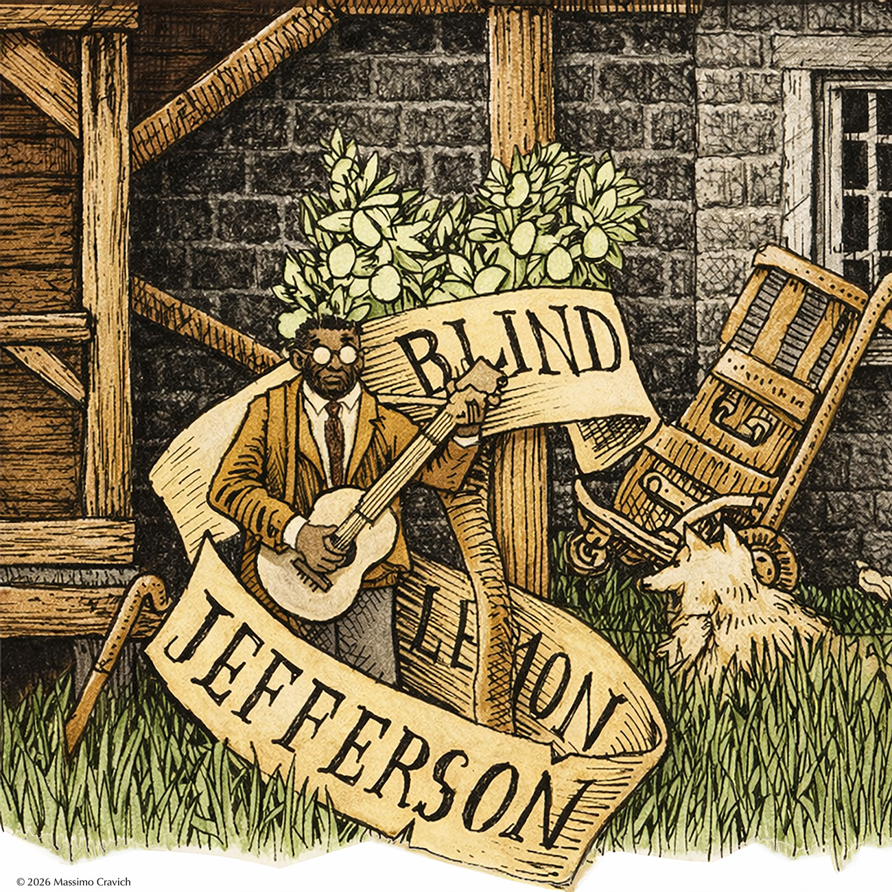 Color illustration depicting Blind Lemon jefferson from the drawing "The Great Rock and Roll History"