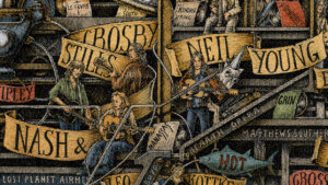 Color illustration depicting the rock band Crosby, Stills, Nash and Young from the drawing "The Great Rock and Roll History"