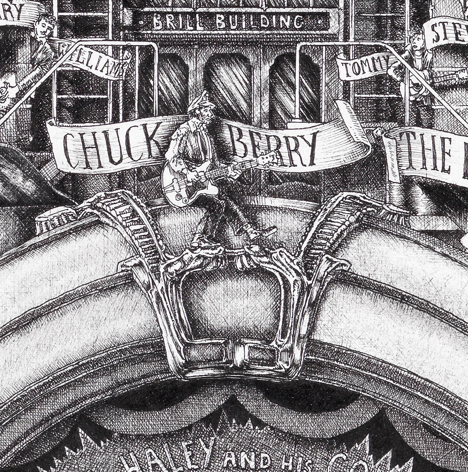 Original black and white ink drawing depicting JChuck Berry from the drawing "The Great Rock and Roll History"