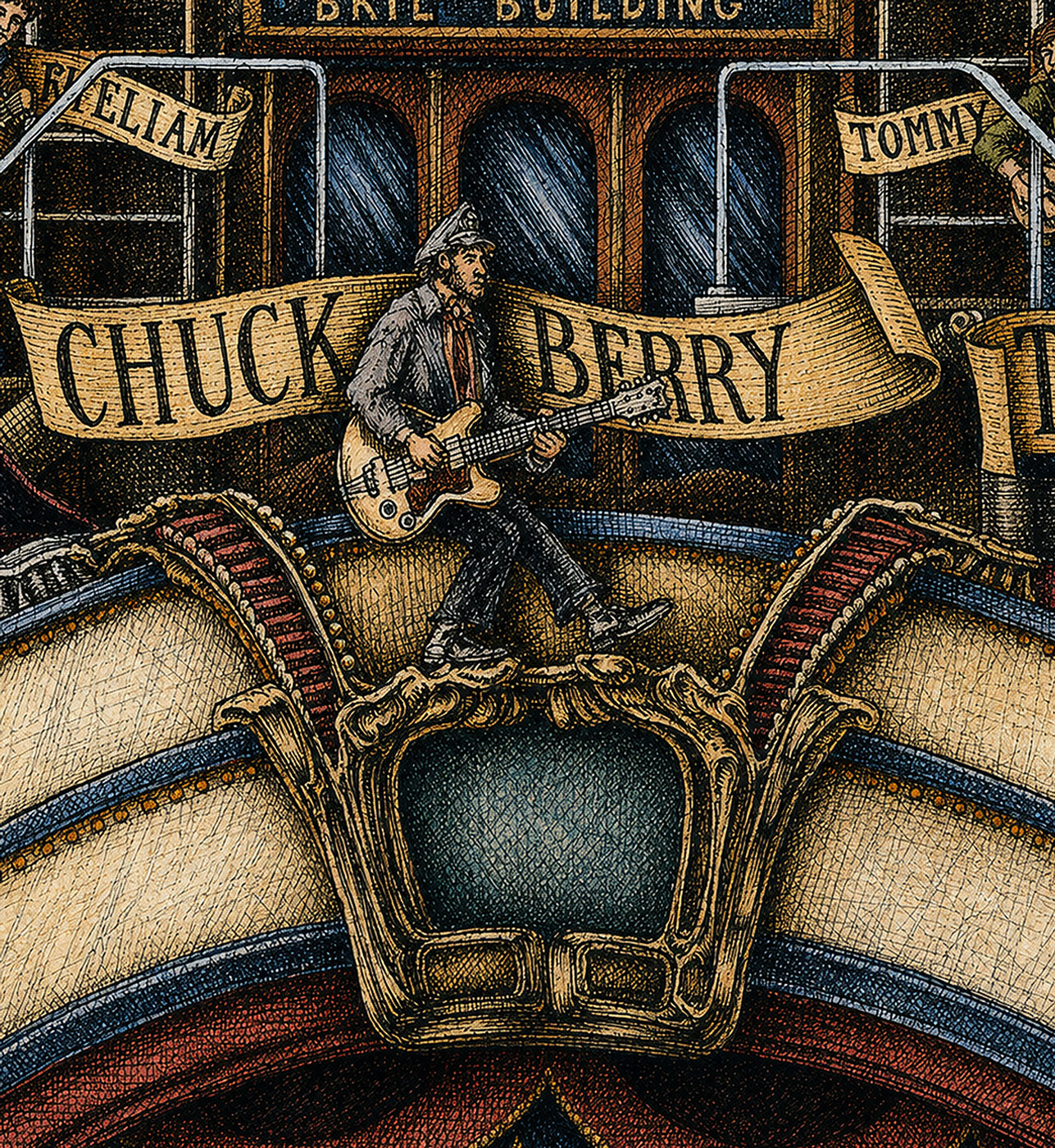 Color illustration depicting Chuck Berry from the drawing "The Great Rock and Roll History"