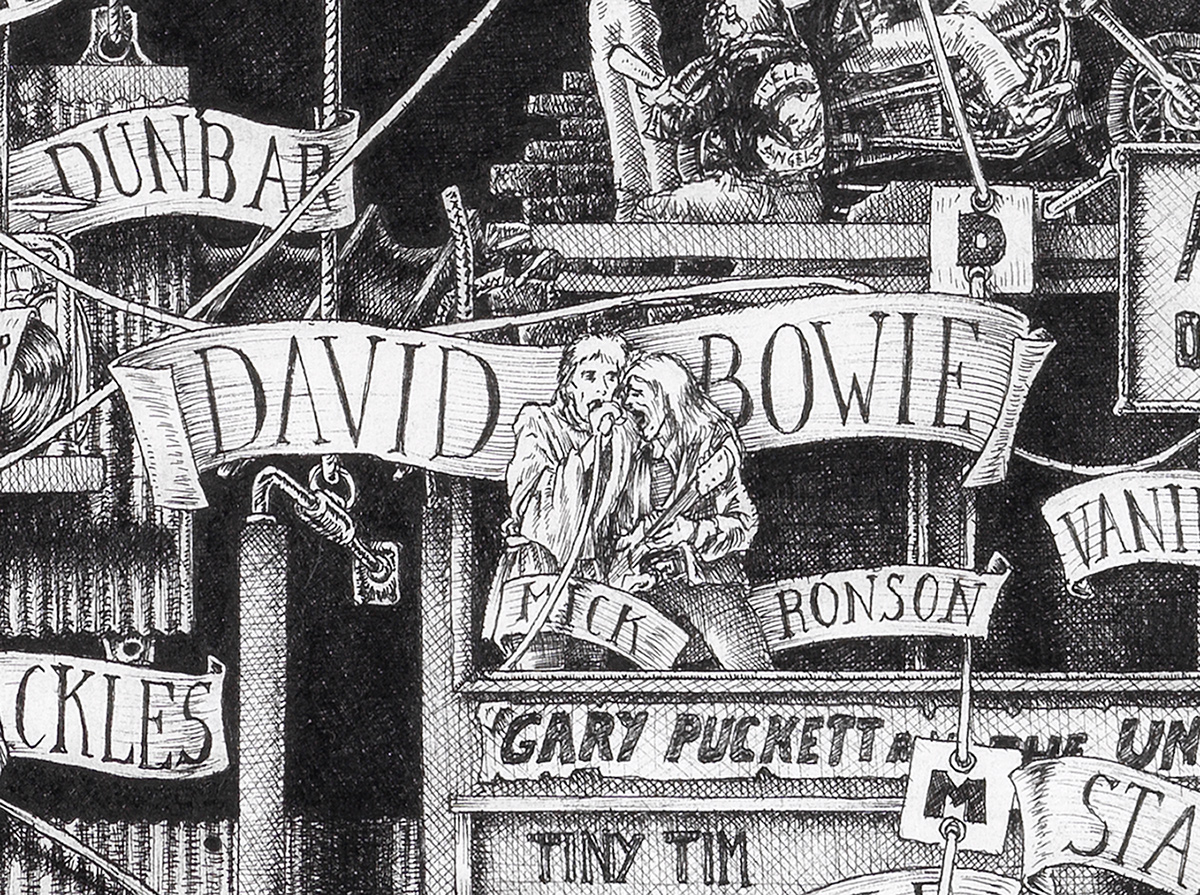 David-Bowie-BW Original black and white ink drawing depicting David Bowie from the drawing "The Great Rock and Roll History"