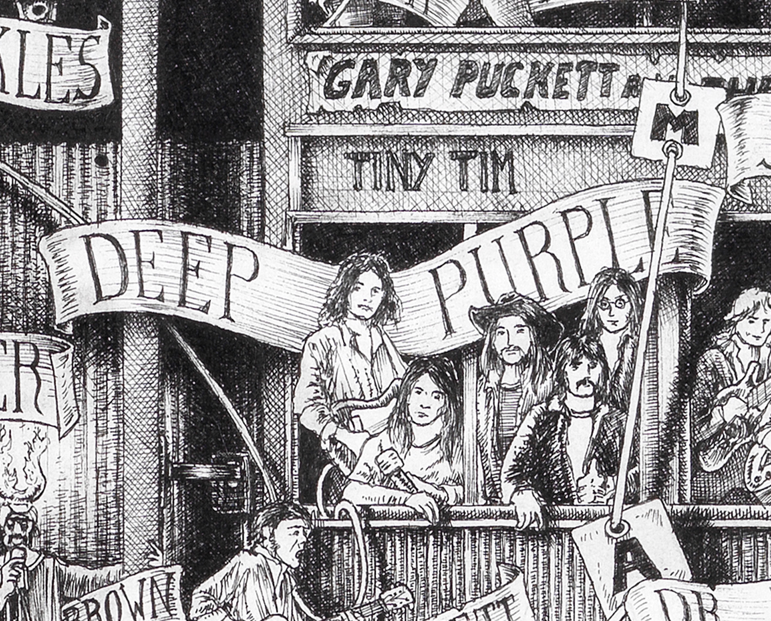 Deep-Purple-BW Original black and white ink drawing depicting the rock band Deep Purple from the drawing "The Great Rock and Roll History"