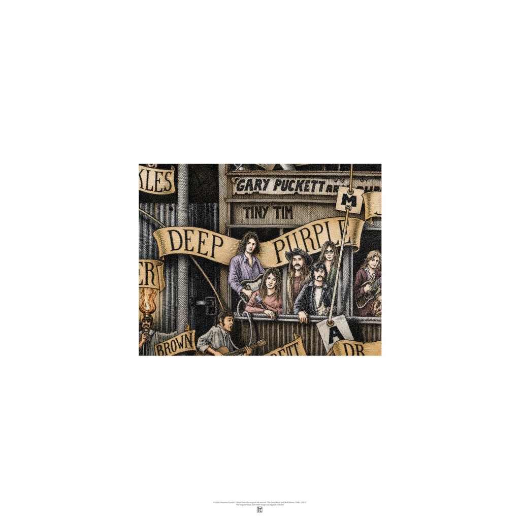 Poster depicting the rock band Deep Purple, colored and based on the original drawing "The Great Rock and Roll History"