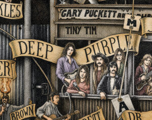 Color illustration depicting the rock band Deep Purple from the drawing "The Great Rock and Roll History"