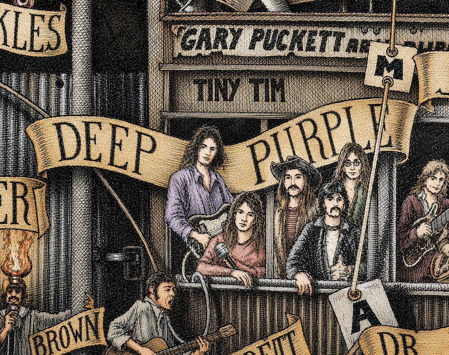 Color illustration depicting the rock band Deep Purple from the drawing "The Great Rock and Roll History"