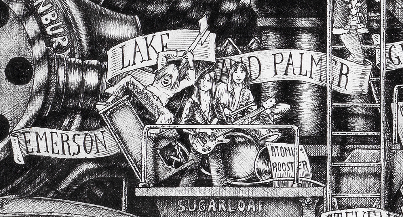 E.L.P.-BW Original black and white ink drawing depicting the Emerson Lake and Palmer from the drawing "The Great Rock and Roll History"