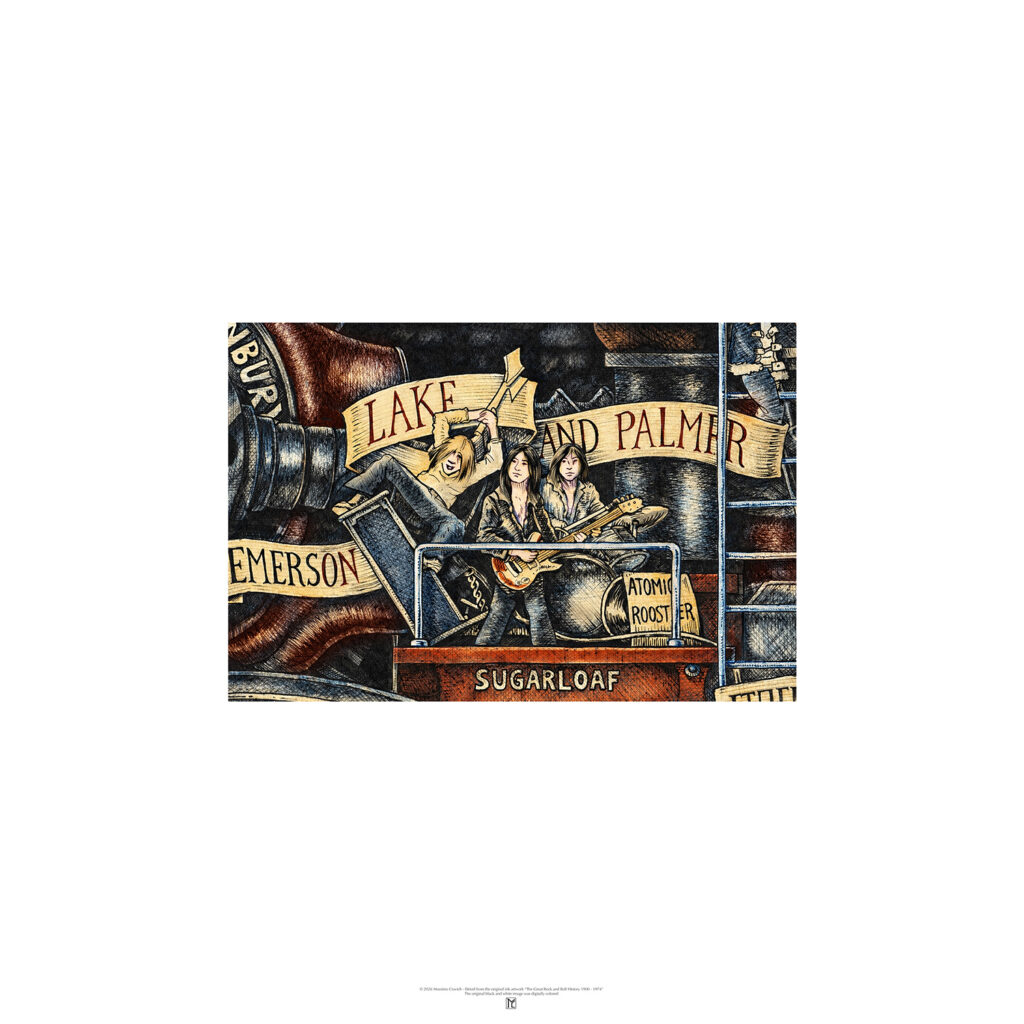 Poster depicting the Progressive band Emerson Lake and Palmer, colored and based on the original drawing "The Great Rock and Roll History"