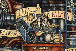 Color illustration depicting the Emerson Lake and Palmer from the drawing "The Great Rock and Roll History"