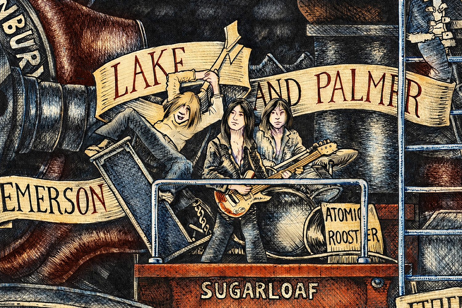 Color illustration depicting the Emerson Lake and Palmer from the drawing "The Great Rock and Roll History"