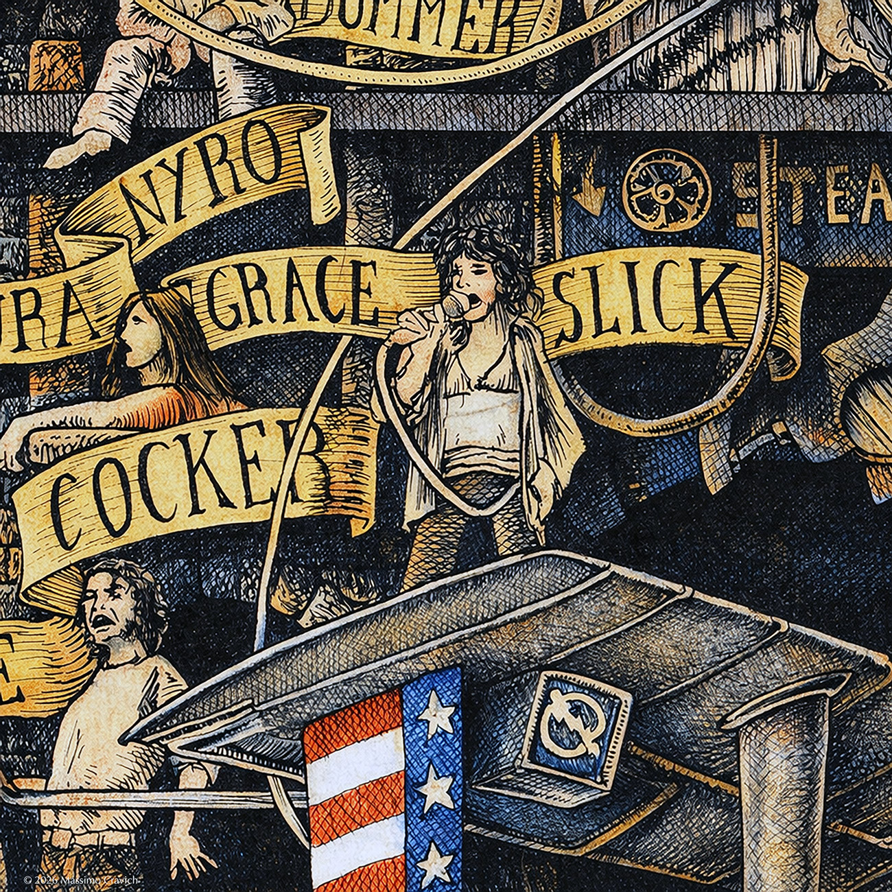 Color illustration depicting Grace Slick from the drawing "The Great Rock and Roll History"