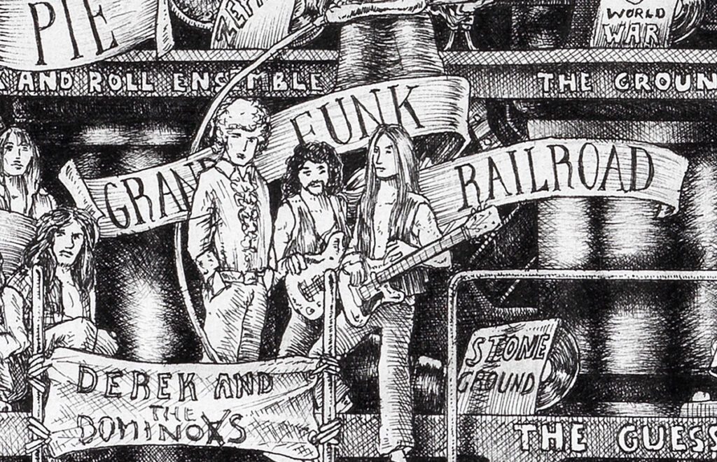 Grand-Funk-Railroad-BW Original black and white ink drawing depicting the rock band Grand Funk Railroad from the drawing "The Great Rock and Roll History"