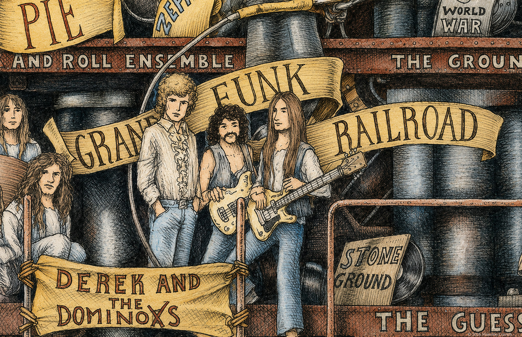 Grand-Funk-Railroad-color Color illustration depicting the rock band Grand Funk Railroad from the drawing "The Great Rock and Roll History"