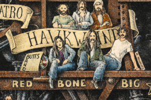 Color illustration depicting The Hawkwind from the drawing "The Great Rock and Roll History"