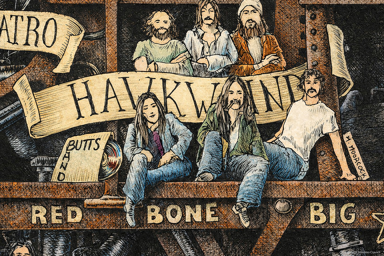 Color illustration depicting The Hawkwind from the drawing "The Great Rock and Roll History"