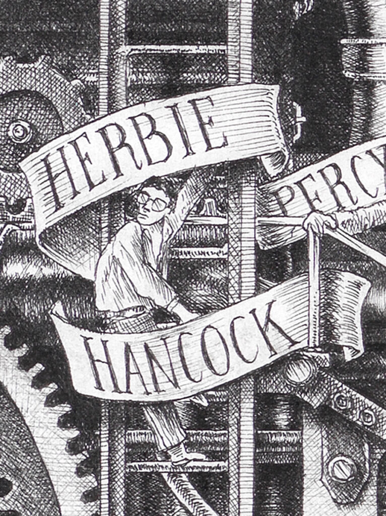 Original black and white ink drawing depicting Herbie Hancock from the drawing "The Great Rock and Roll History"