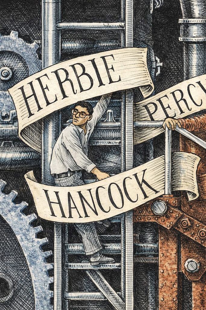 Color illustration depicting Herbie Hancock from the drawing "The Great Rock and Roll History"