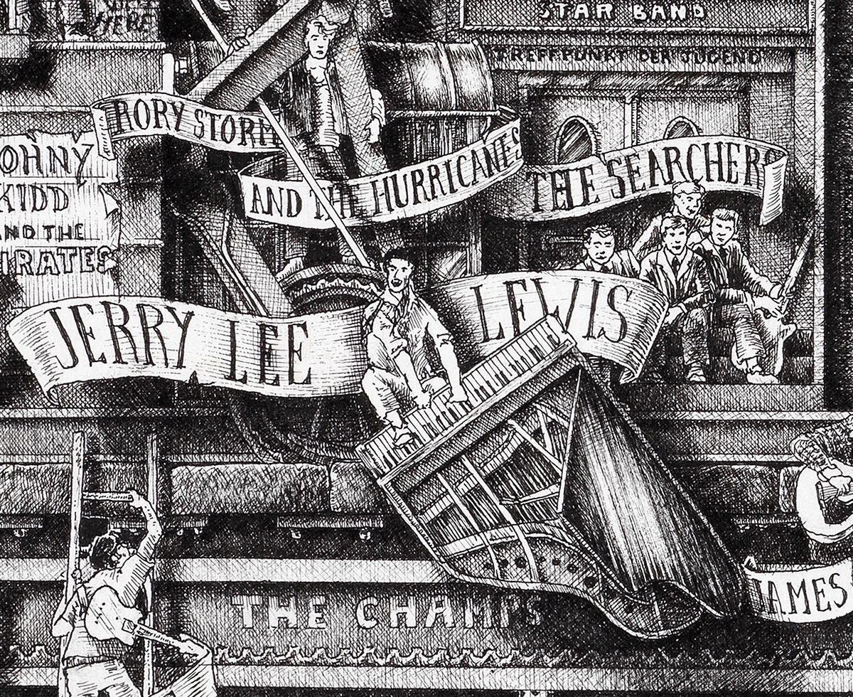 Original black and white ink drawing depicting Jerry Lee Lewis from the drawing "The Great Rock and Roll History"