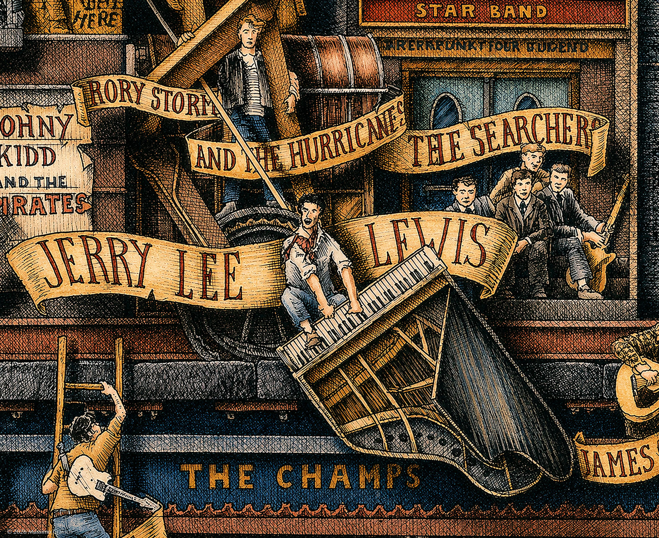 Color illustration depicting Jerry Lee Lewis from the drawing "The Great Rock and Roll History"