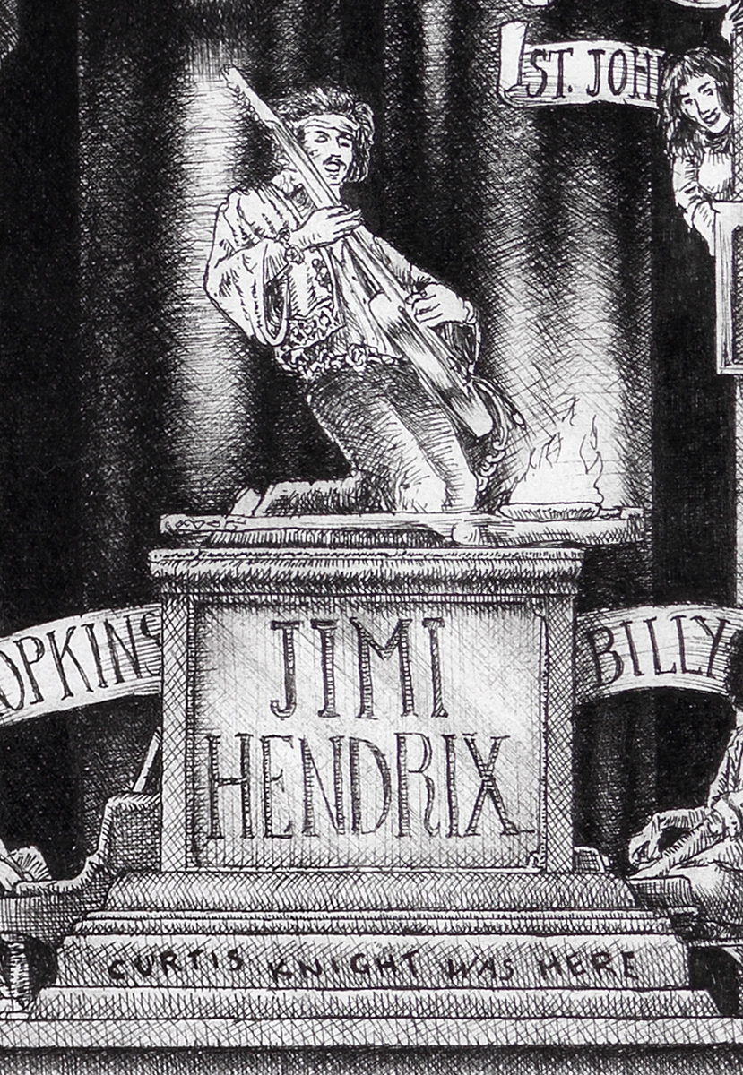 Jimi-Hendrix-BW Original black and white ink drawing depicting Jimi Hendrix from the drawing "The Great Rock and Roll History"