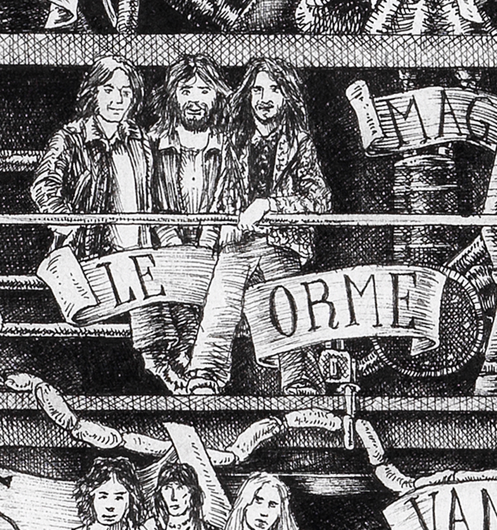 Le-Orme-BW Original black and white ink drawing depicting the Italian progressive band Le Orme from the drawing "The Great Rock and Roll History"