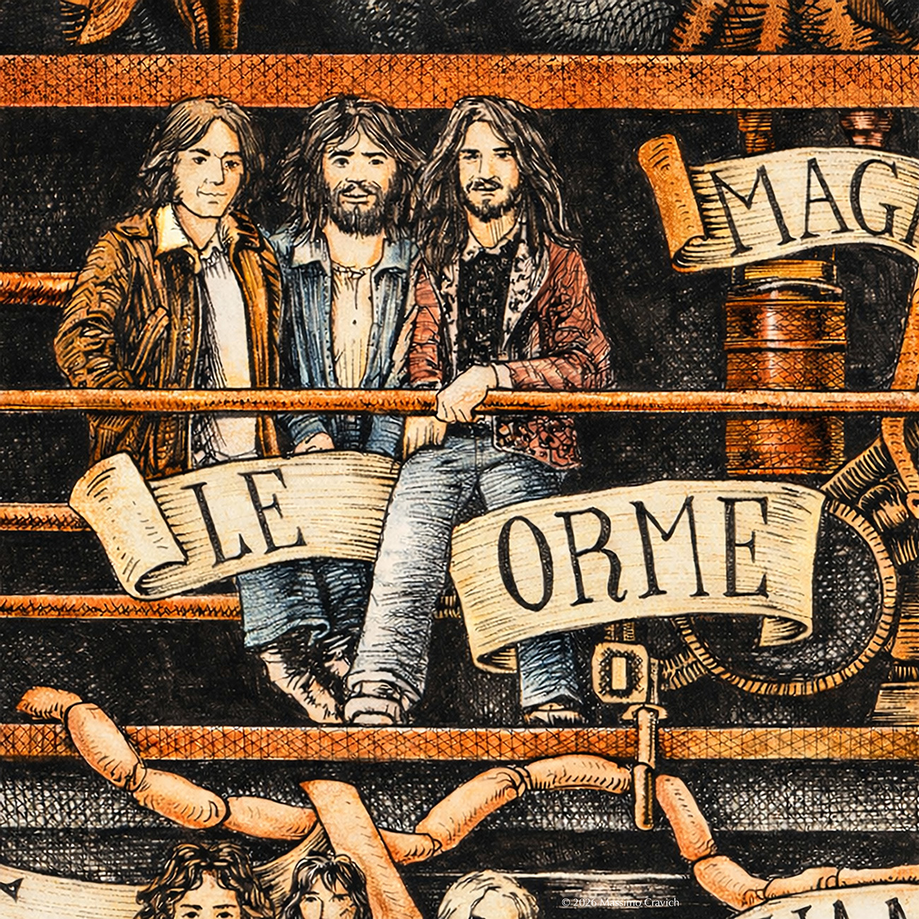 Le-Orme-color Color illustration depicting the Italian progressive band Le Orme from the drawing "The Great Rock and Roll History"