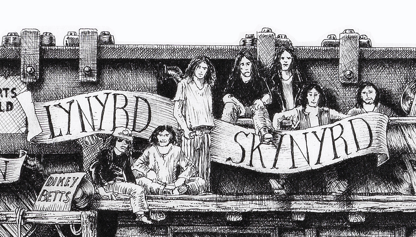 Lynyrd-Skynyrd-BW Original black and white ink drawing depicting the Lynyrd Skynyrd from the drawing "The Great Rock and Roll History"