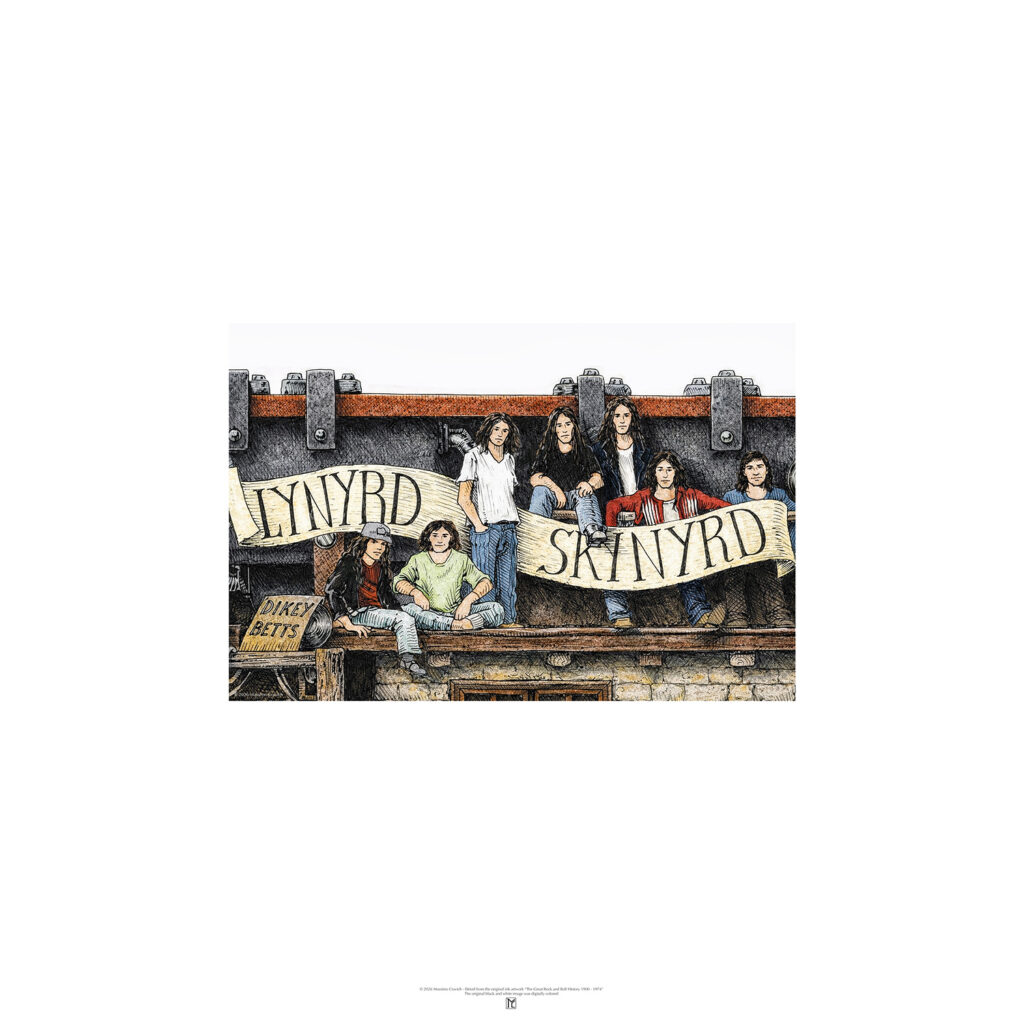 Poster depicting the Lynyrd Skynyrd, colored and based on the original drawing "The Great Rock and Roll History"