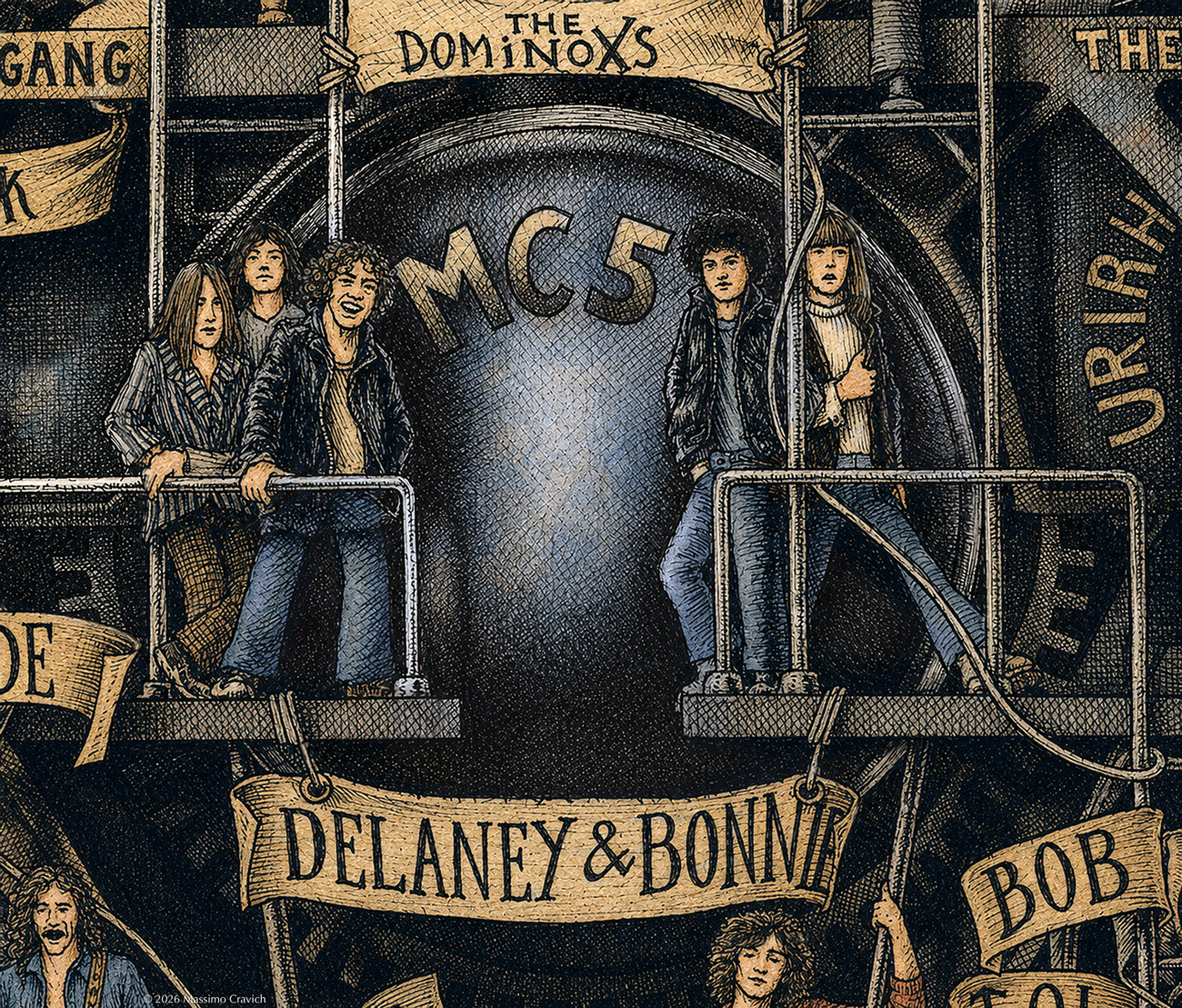 Color illustration depicting the rock band MC5 from the drawing "The Great Rock and Roll History"