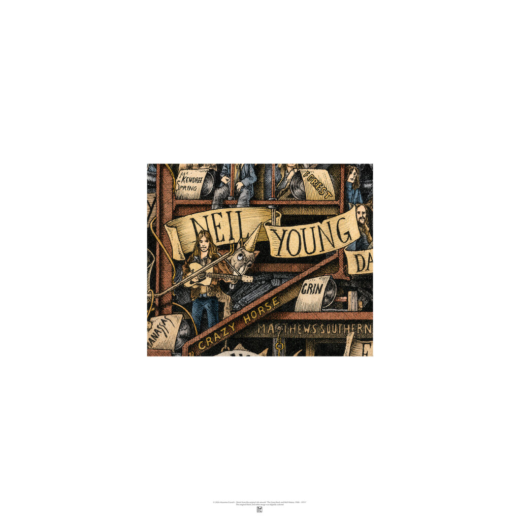 Poster depicting Neil Young colored and based on the original drawing "The Great Rock and Roll History"